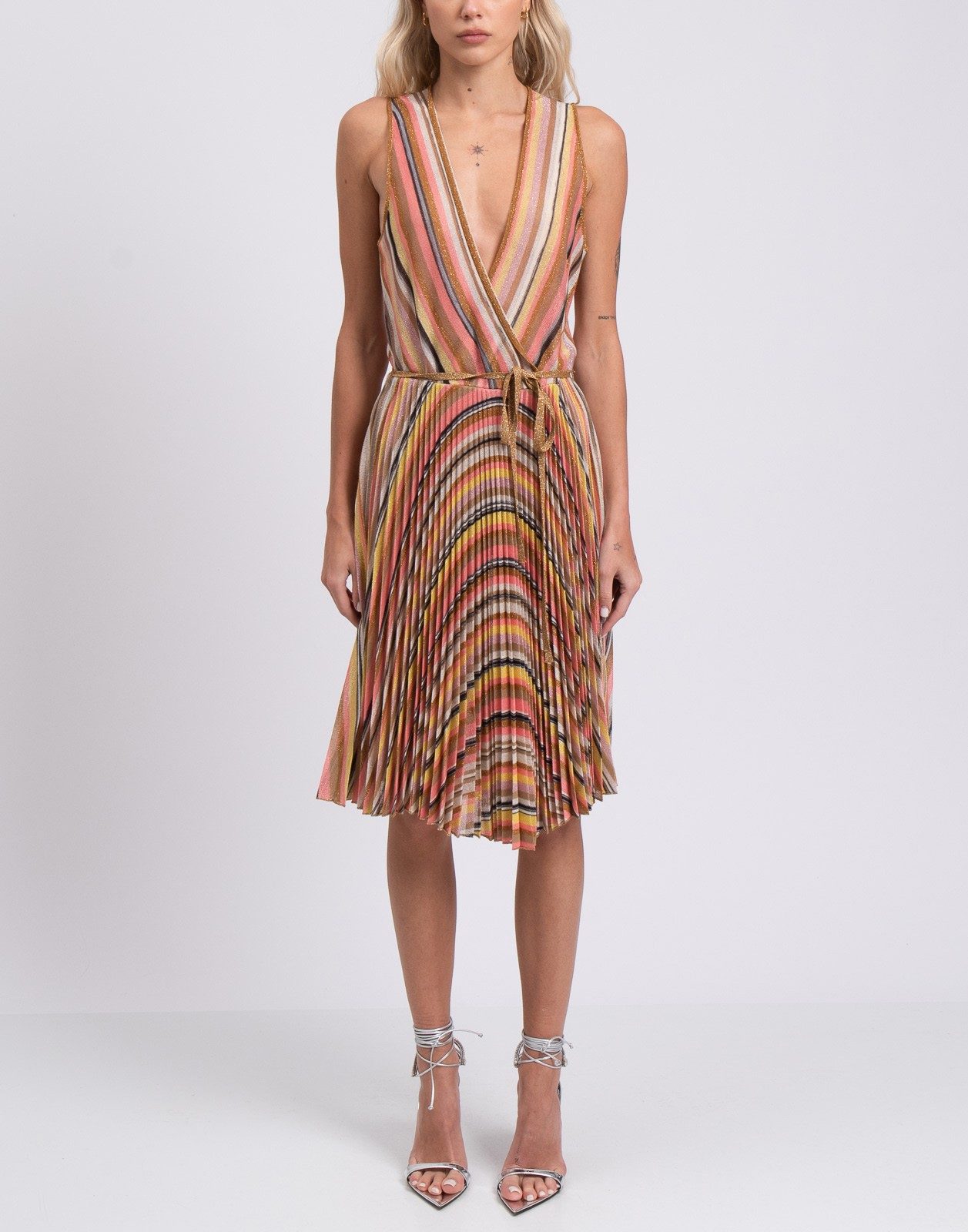 New JUCCA Striped Pleated Midi Dress Pink Gold Size M image 3