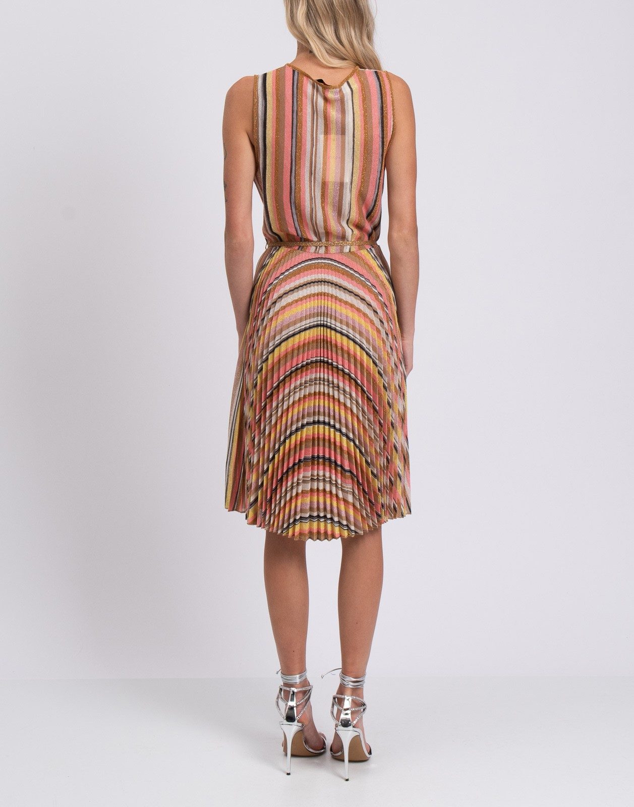 New JUCCA Striped Pleated Midi Dress Pink Gold Size M image 5