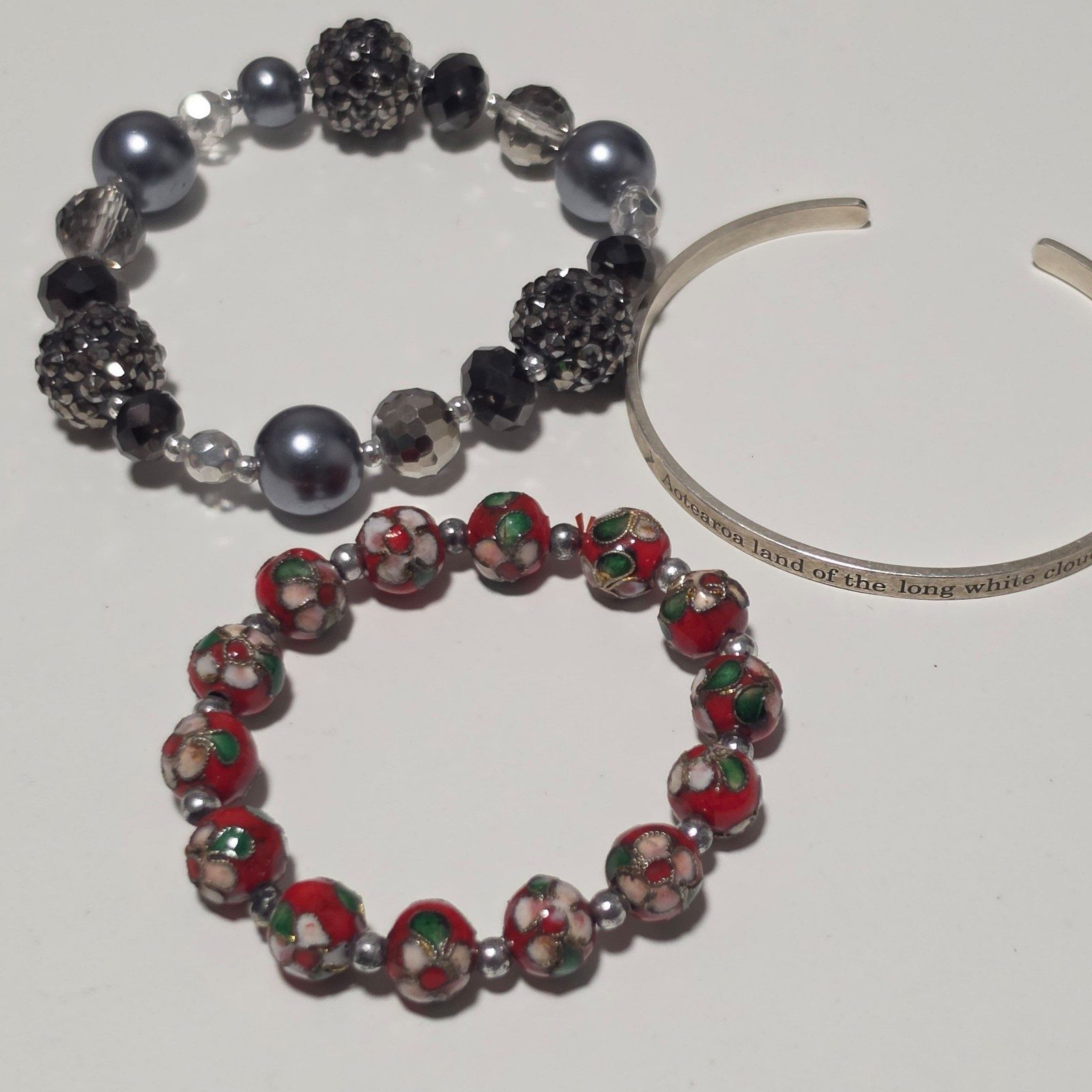 Silver & Multi Colour Beaded Bracelets with Inscribed Silver Cuff Bracelet .b7 image 2