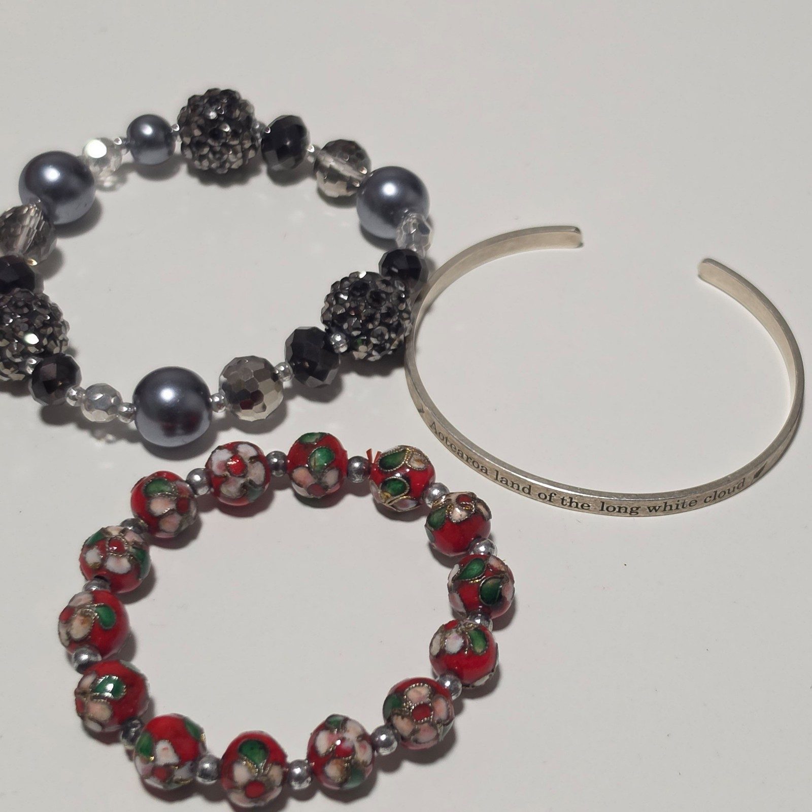 Silver & Multi Colour Beaded Bracelets with Inscribed Silver Cuff Bracelet .b7 image 3