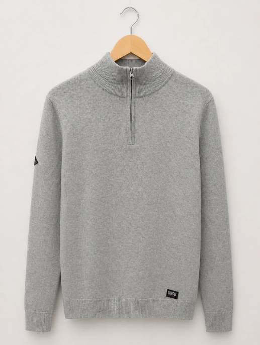 Diesel Men's Grey Cotton Half-Zip Sweater Medium