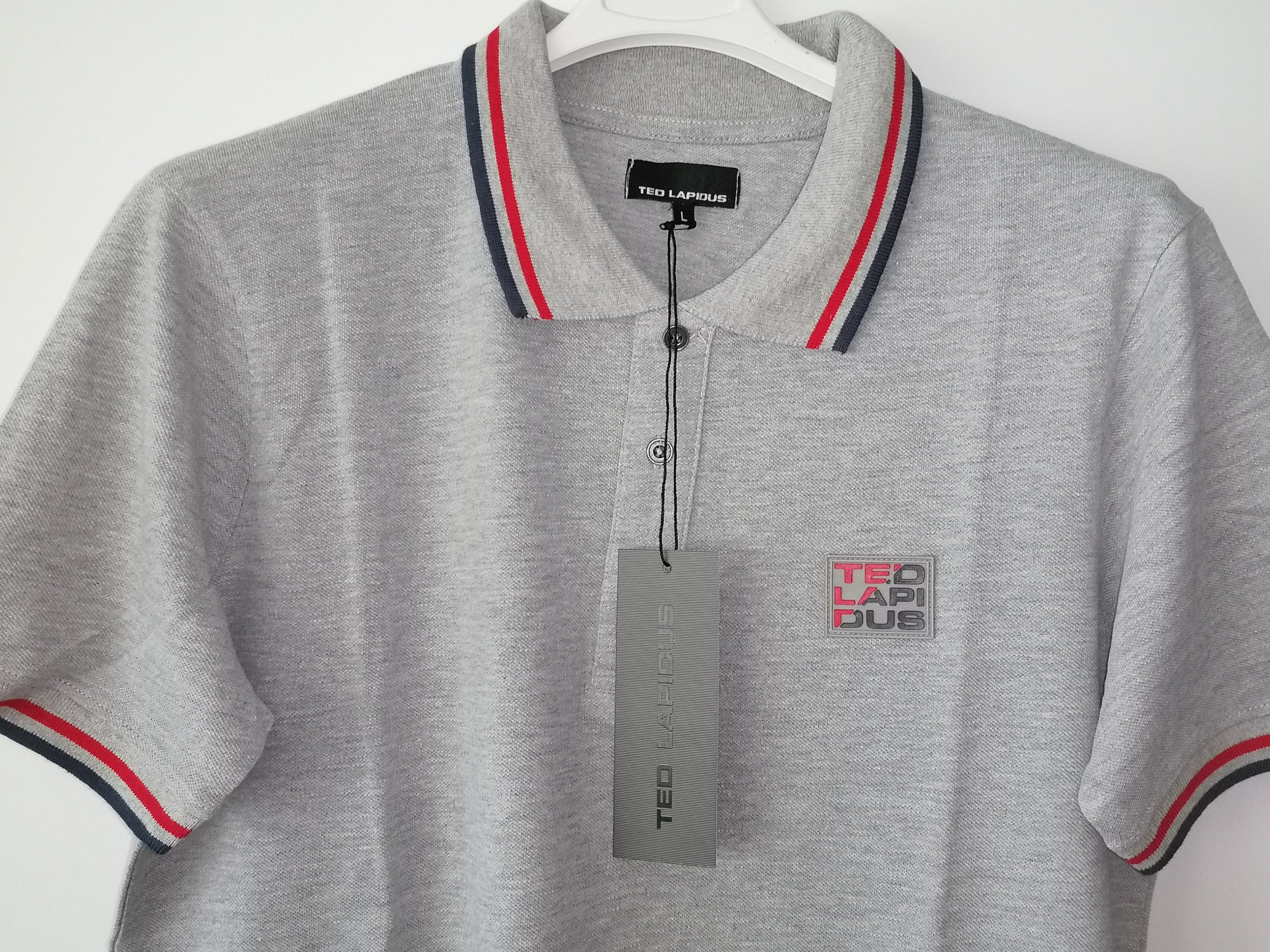 Ted Lapidus Herren Poloshirt L Grau Rot & Marine Streifen Kragen