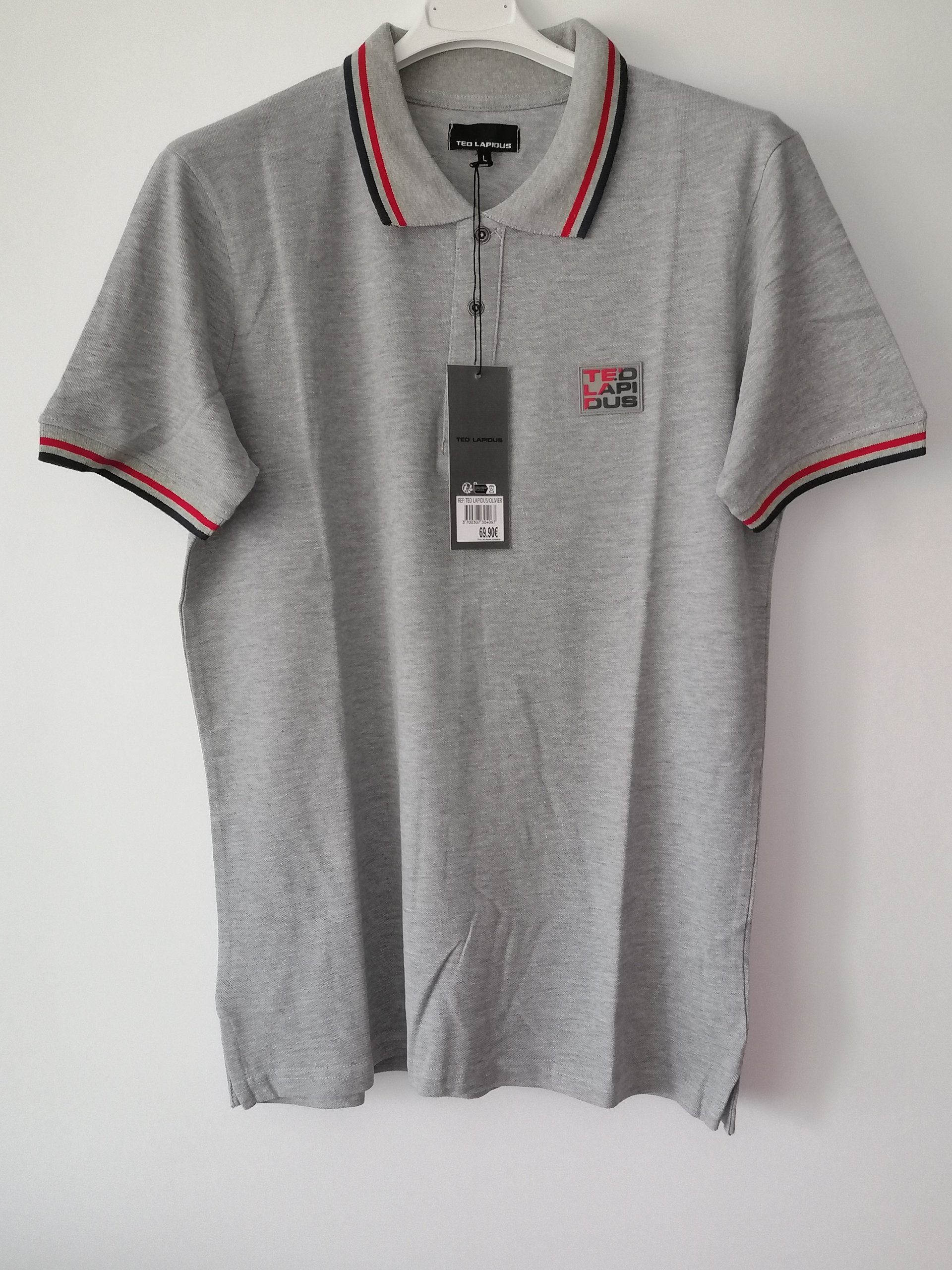 Ted Lapidus Herren Poloshirt L Grau Rot & Marine Streifen Kragen image 4