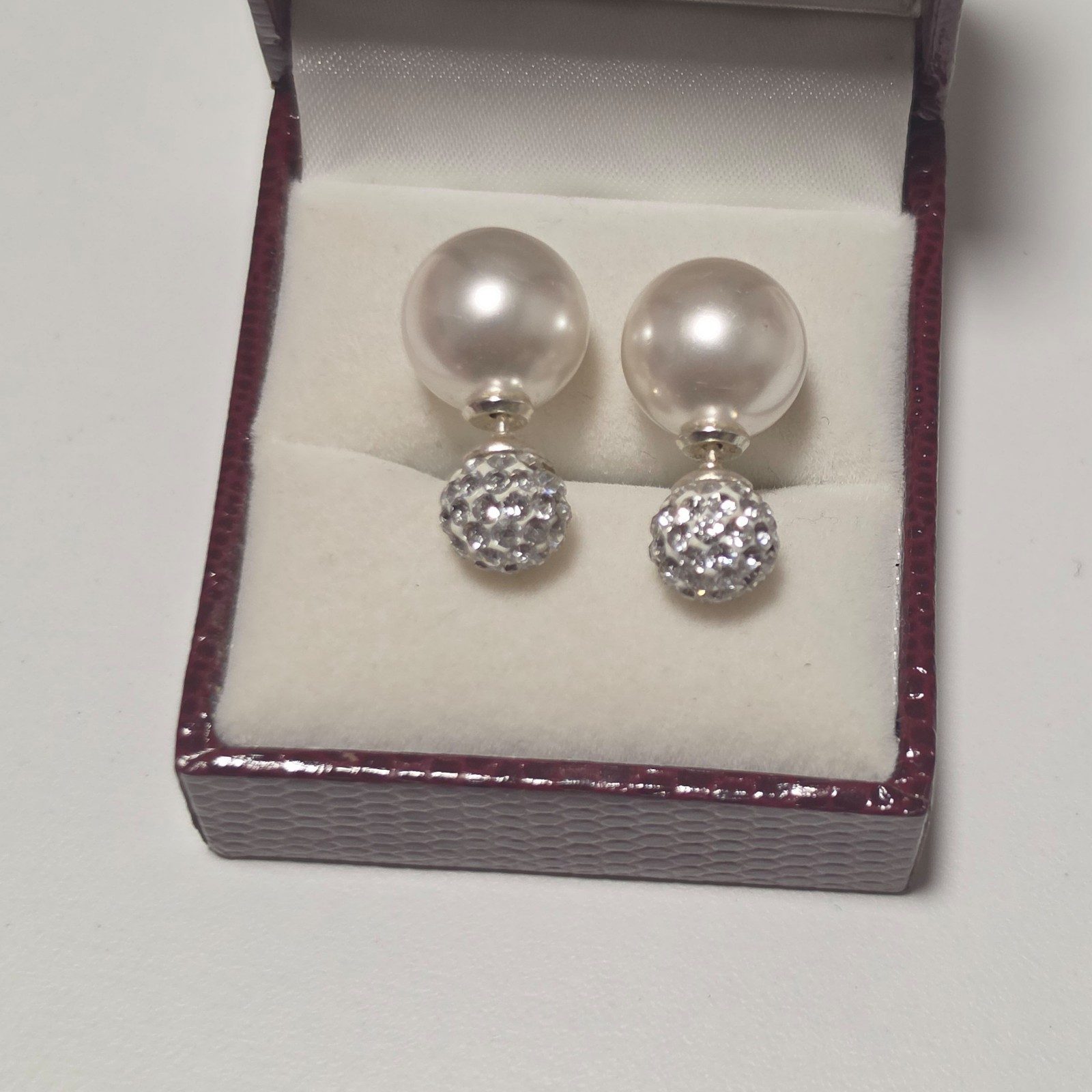 925 sterlin silver Pearl & Rhinestone Double-Sided Earrings White & Silver.b7