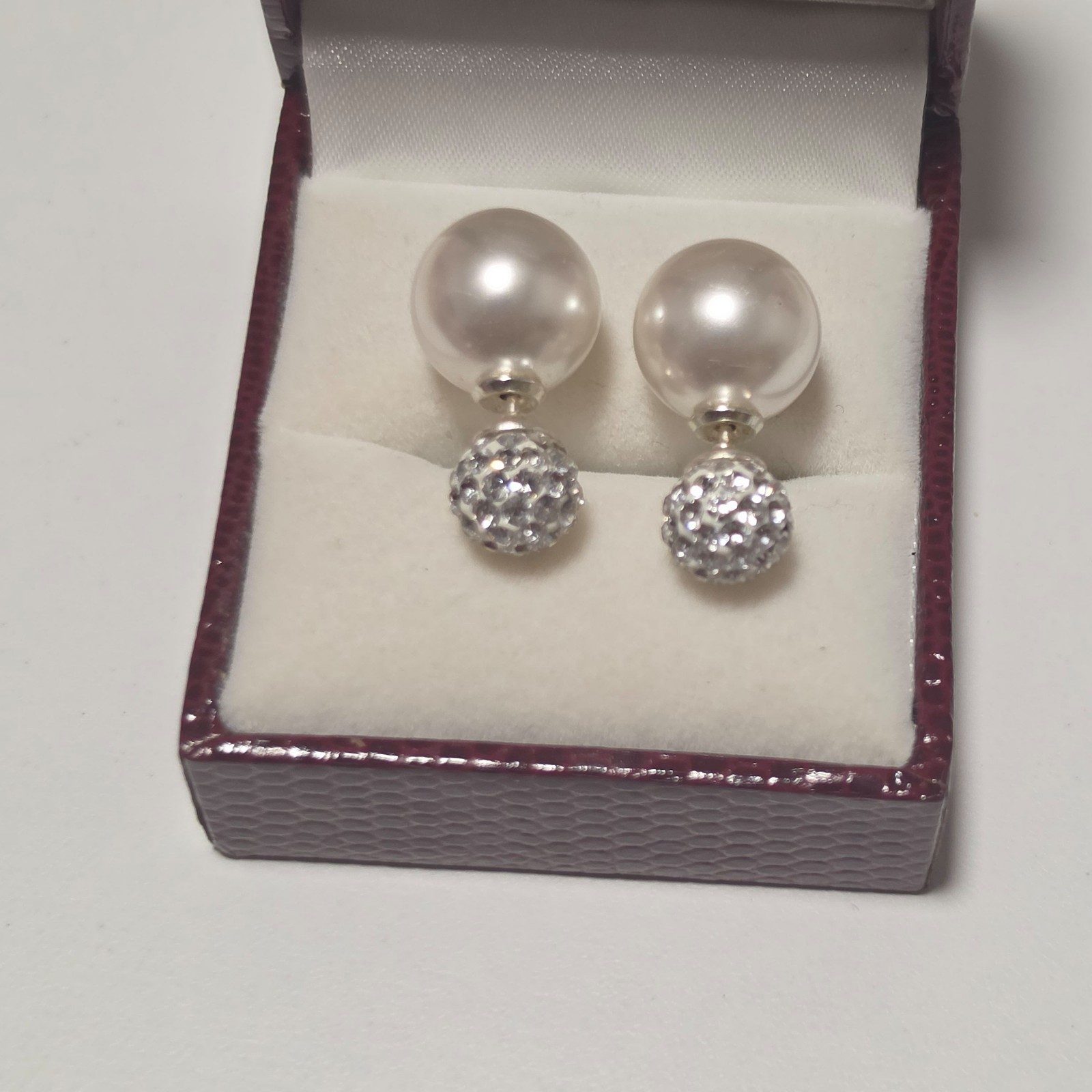 925 sterlin silver Pearl & Rhinestone Double-Sided Earrings White & Silver.b7 image 2