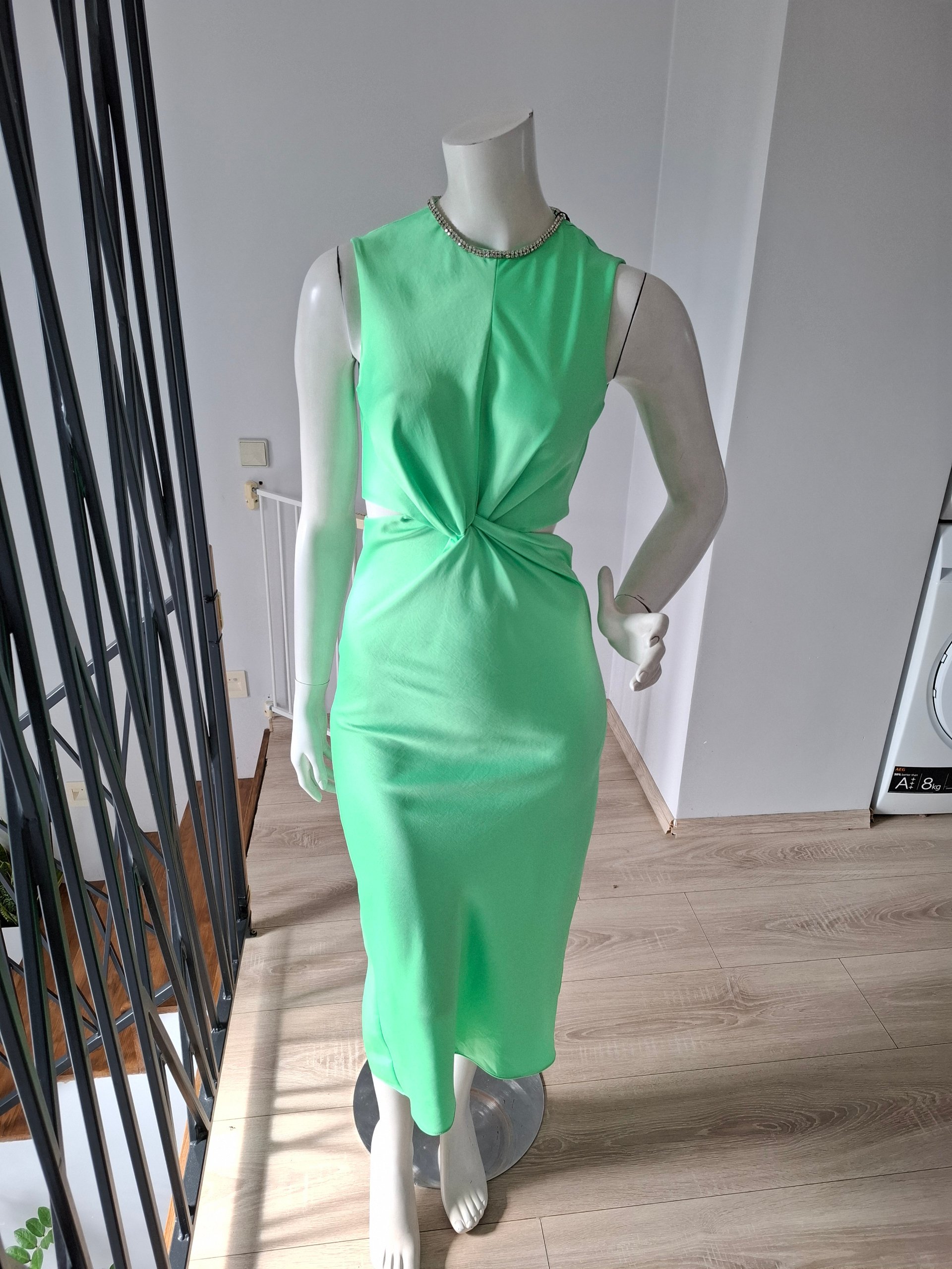 New Sandro Rhinestone-Trim Cut-Out Midi Dress Apple Green Size XS image 6