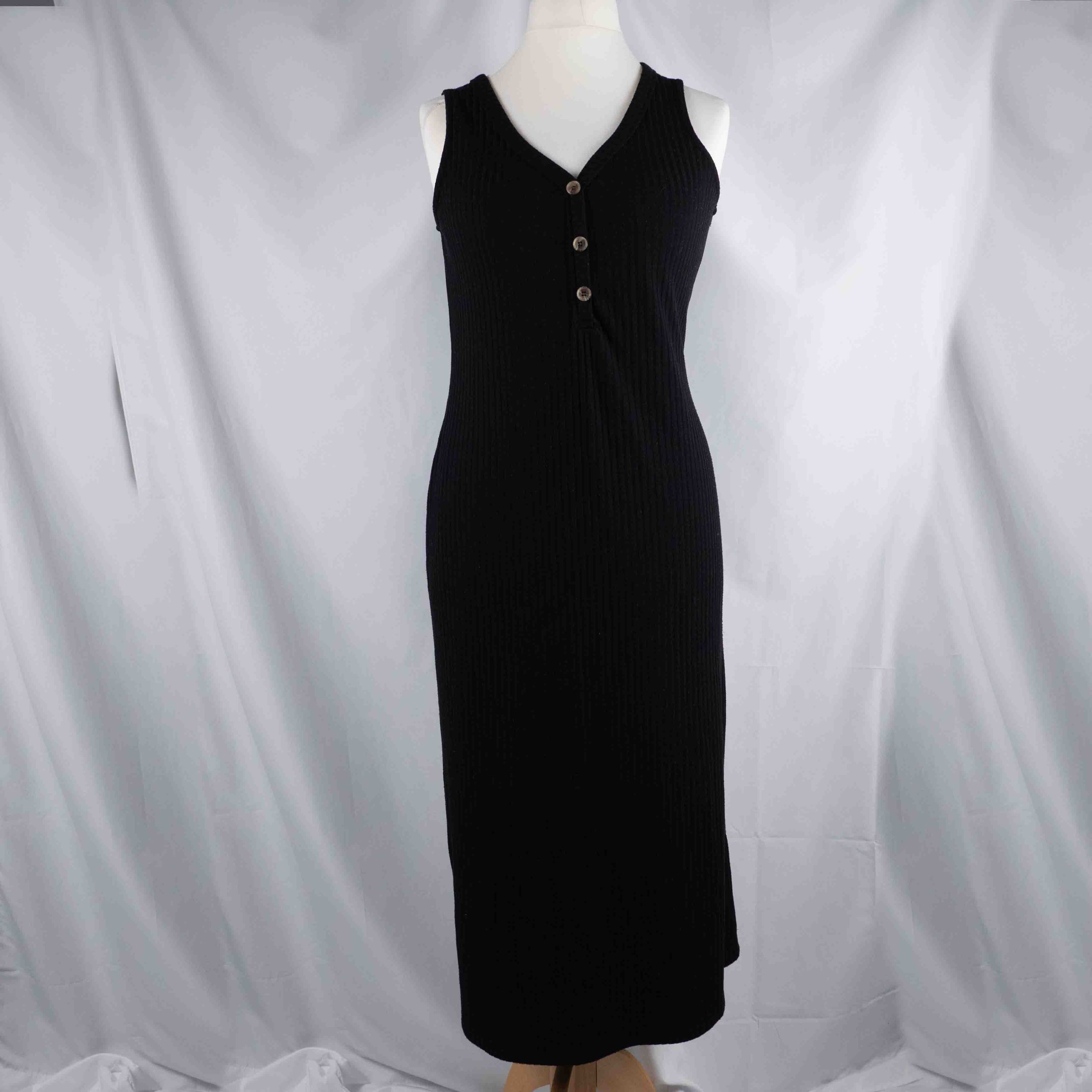 Papaya 12 Black Sleeveless Dress With Ribbed Button Detail Pre-Owned