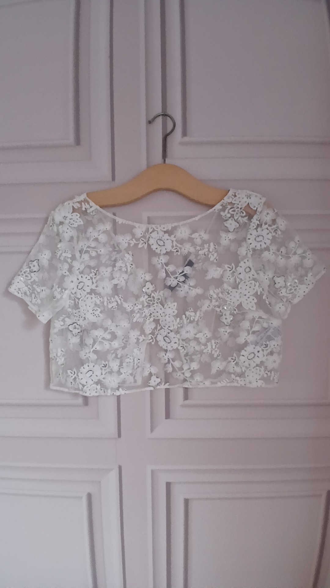 French Connection White Embroidered Embellished Lace Crop Top UK 12 image 3