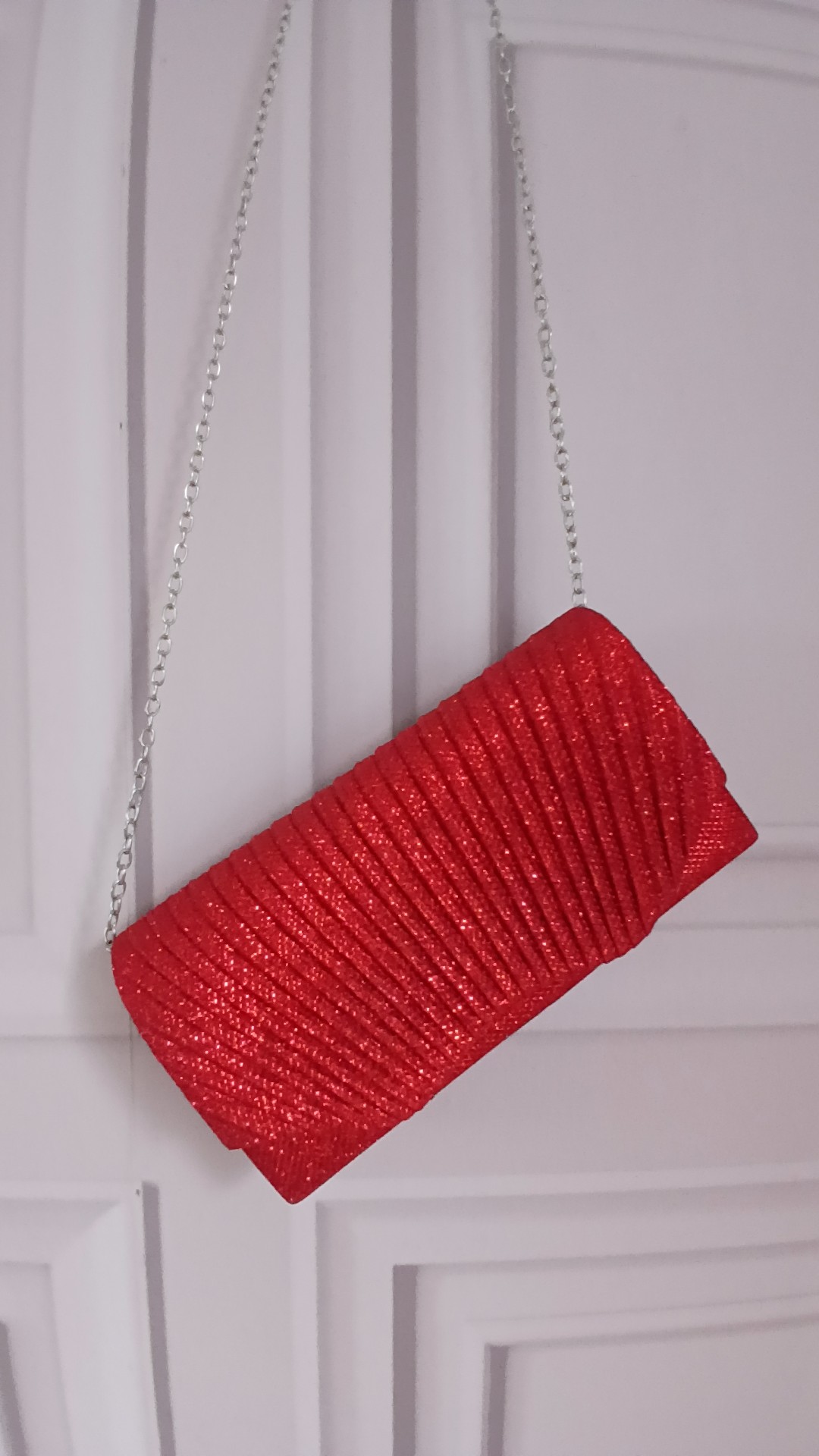 Red Glitter Evening Clutch Bag with Silver Chain Strap
