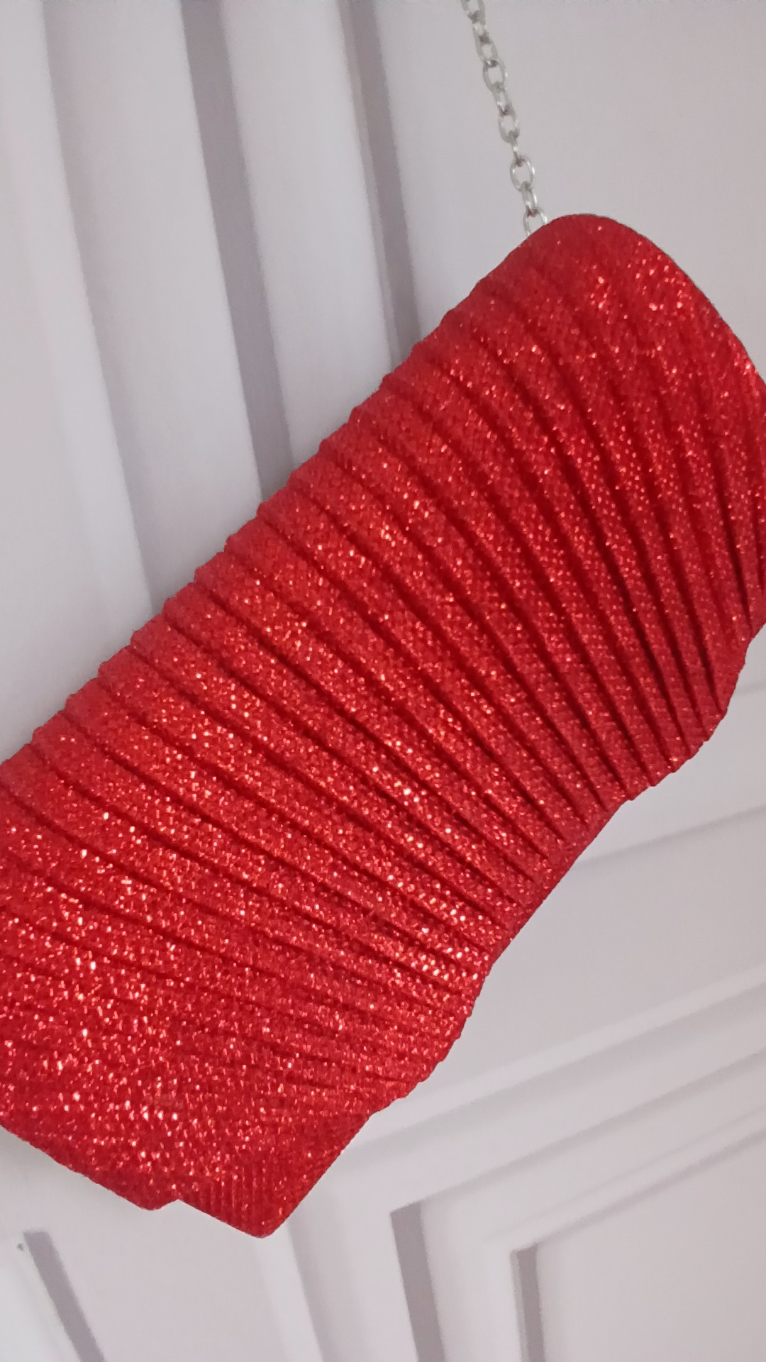 Red Glitter Evening Clutch Bag with Silver Chain Strap image 3