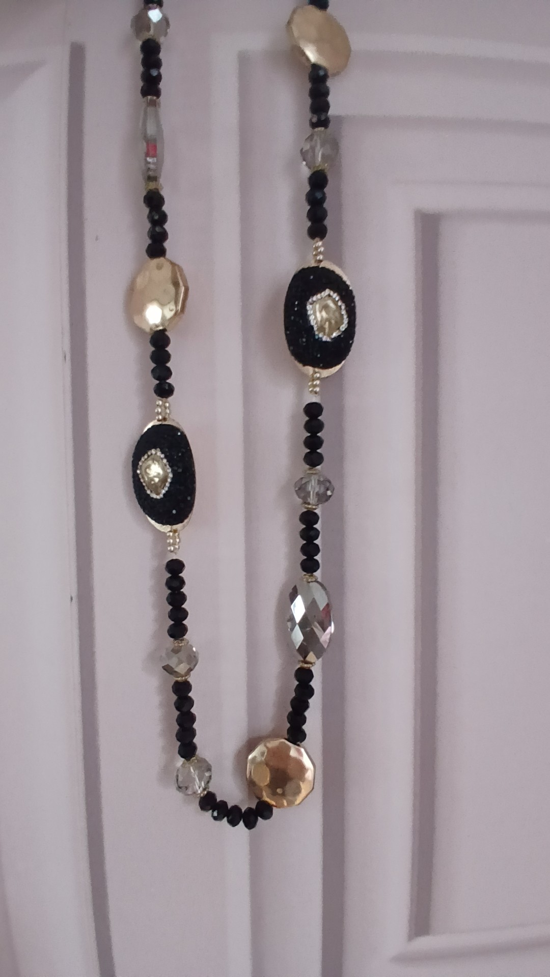 Black & Gold Beaded Necklace with Crystal Accents