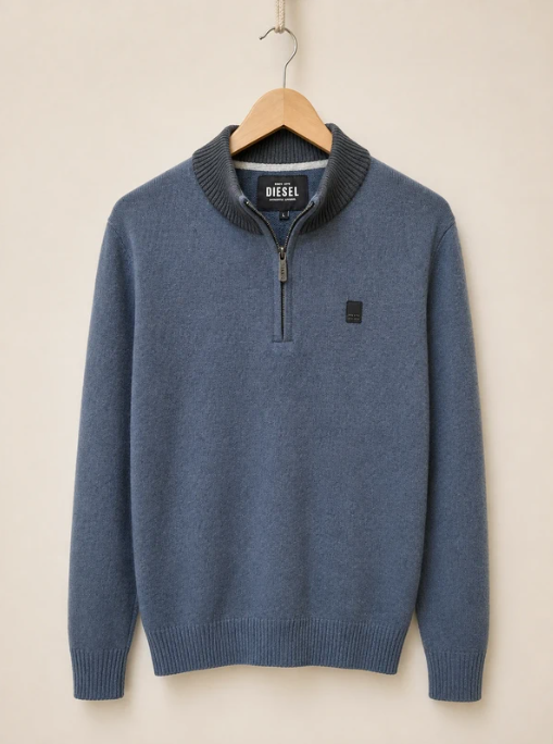 Diesel Men's Blue Wool Zip Neck Jumper Large