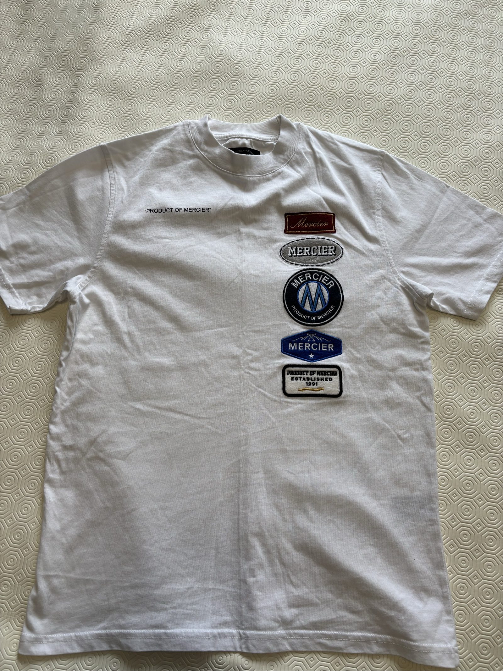 Mercier White Embroidered Patch Logo T-Shirt Small