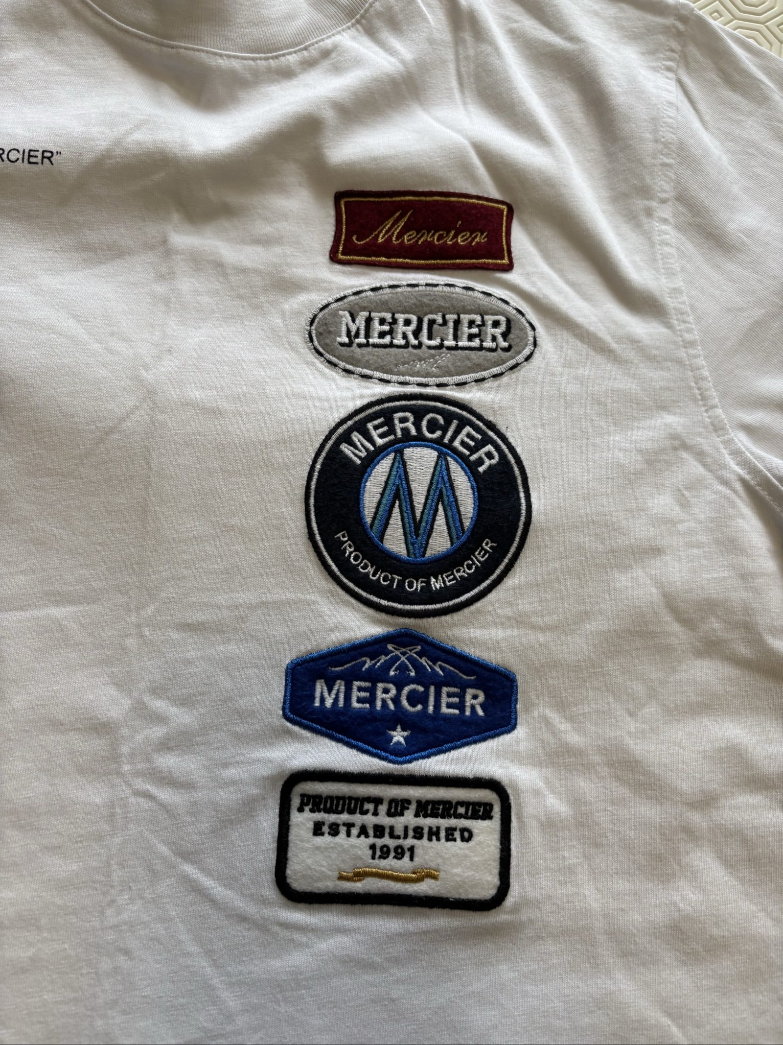 Mercier White Embroidered Patch Logo T-Shirt Small image 2