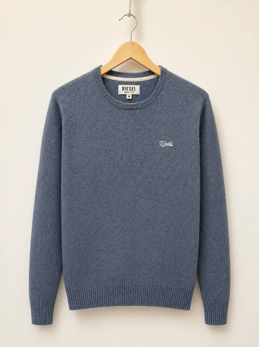 Diesel Men's Blue Knit Logo Crewneck Sweater Medium
