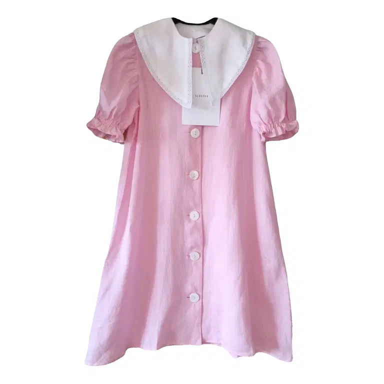 New Sleeper Pink Linen Dress with White Lace Collar Size S