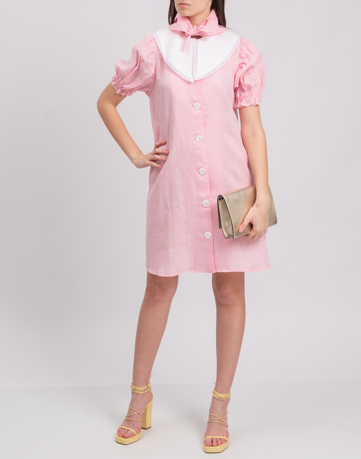 New Sleeper Pink Linen Dress with White Lace Collar Size S image 3