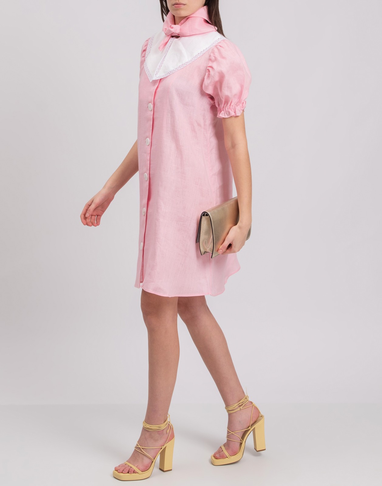 New Sleeper Pink Linen Dress with White Lace Collar Size S image 4