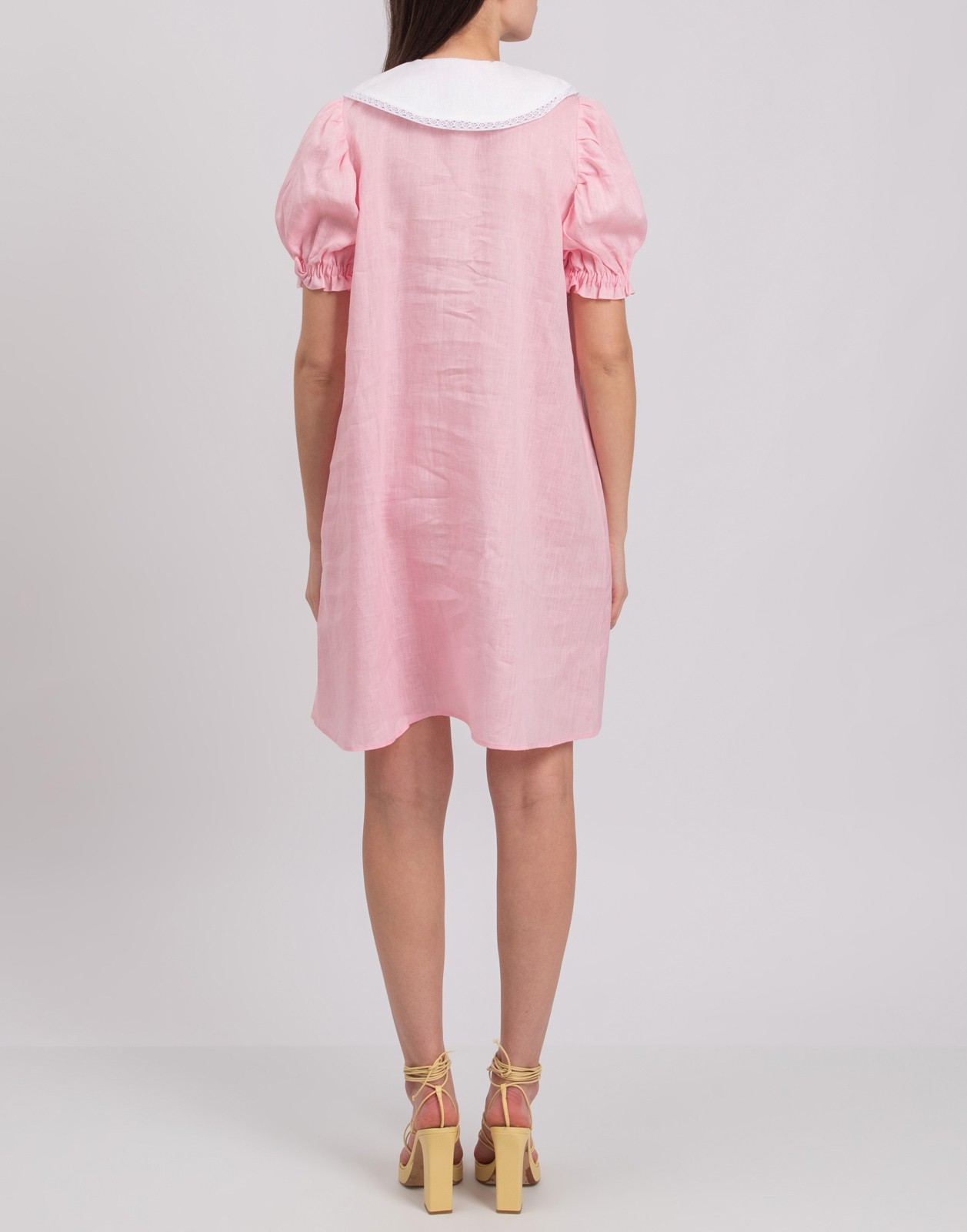 New Sleeper Pink Linen Dress with White Lace Collar Size S image 5