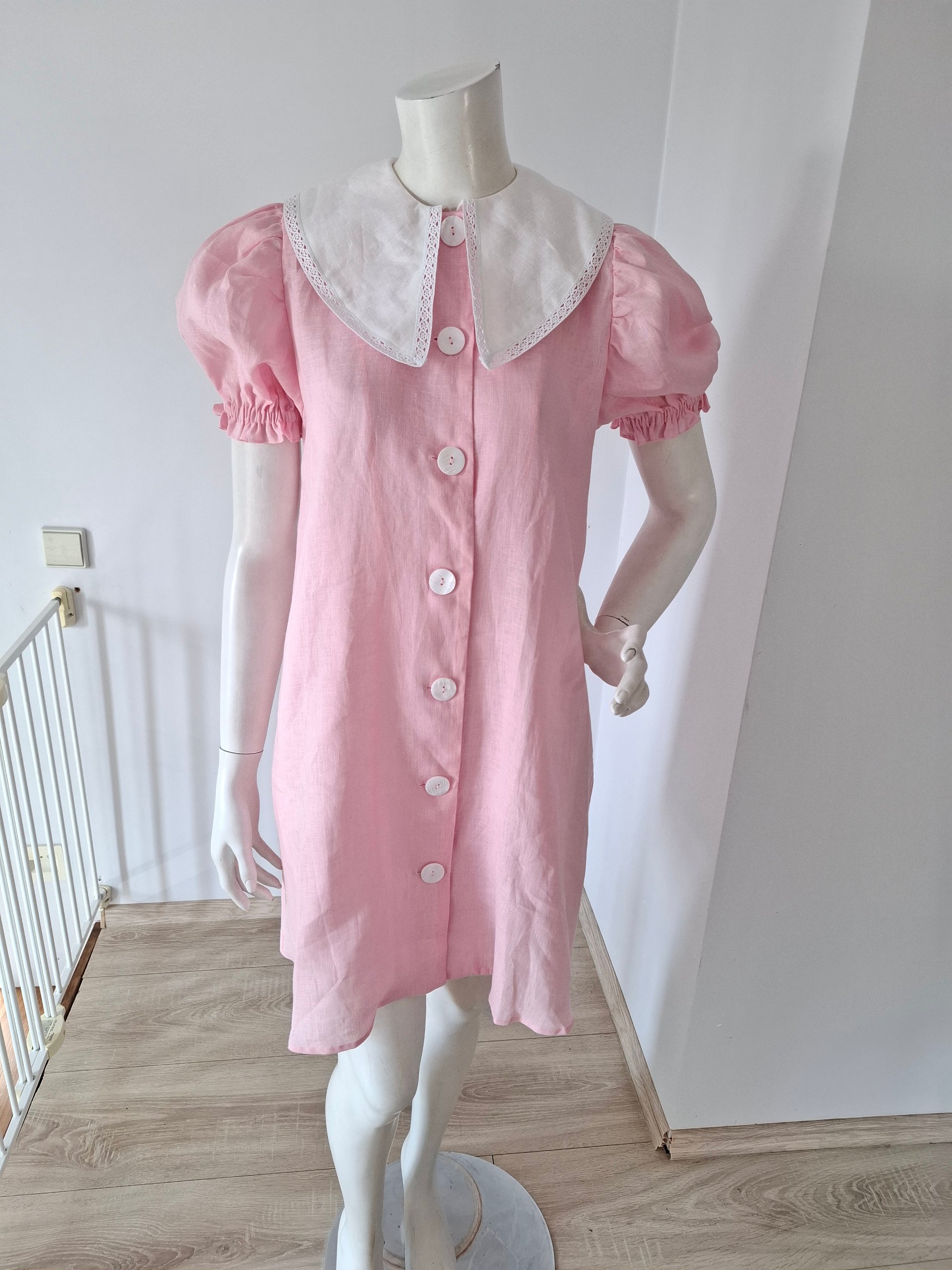 New Sleeper Pink Linen Dress with White Lace Collar Size S image 6