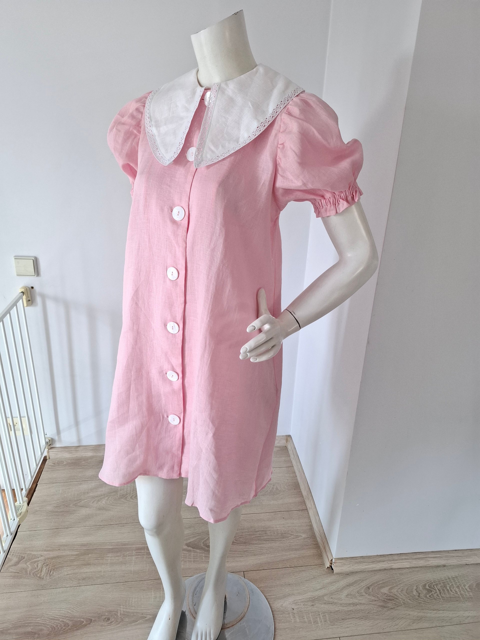 New Sleeper Pink Linen Dress with White Lace Collar Size S image 7