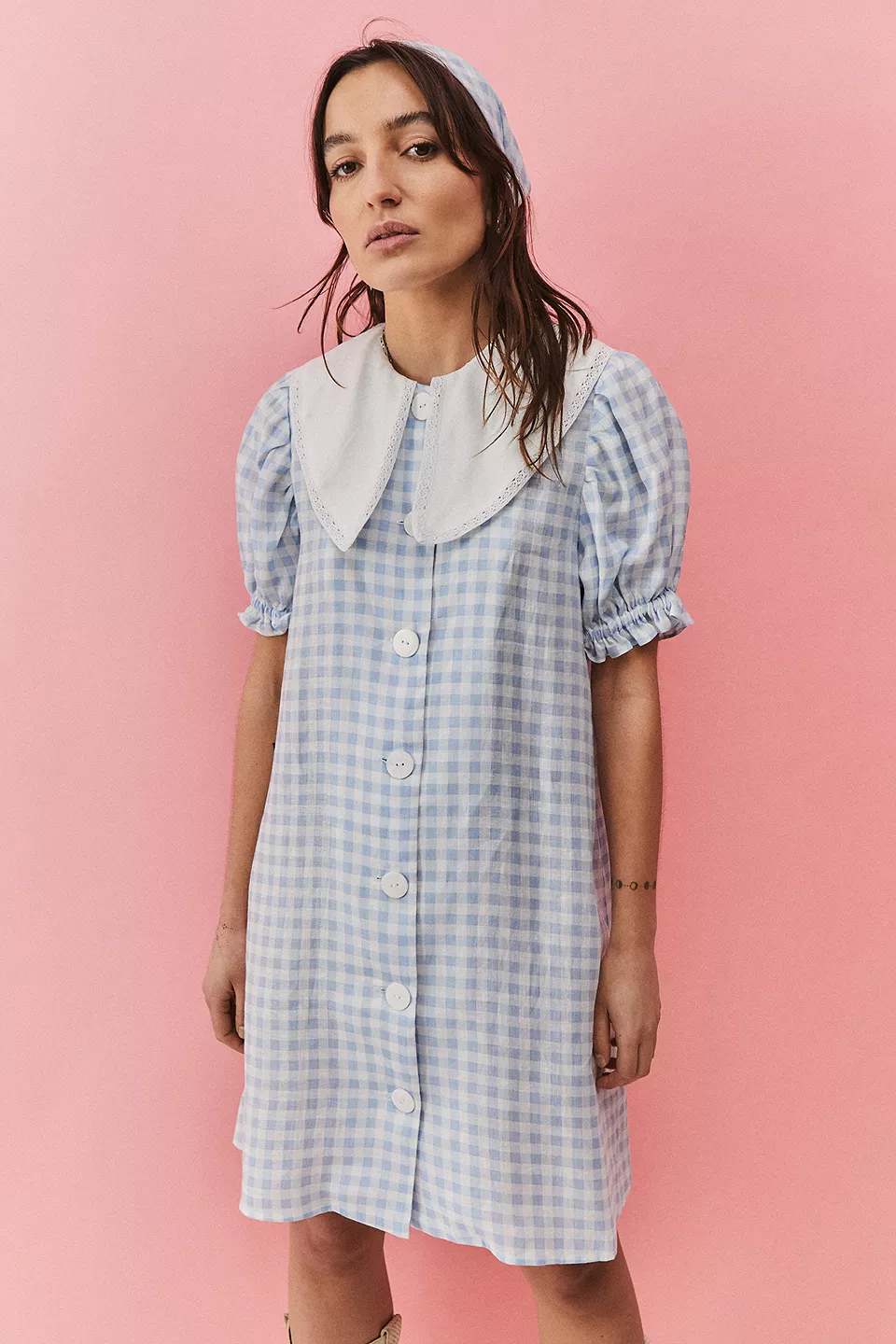 New Sleeper Blue Linen Dress with White Lace Collar Size S image 3