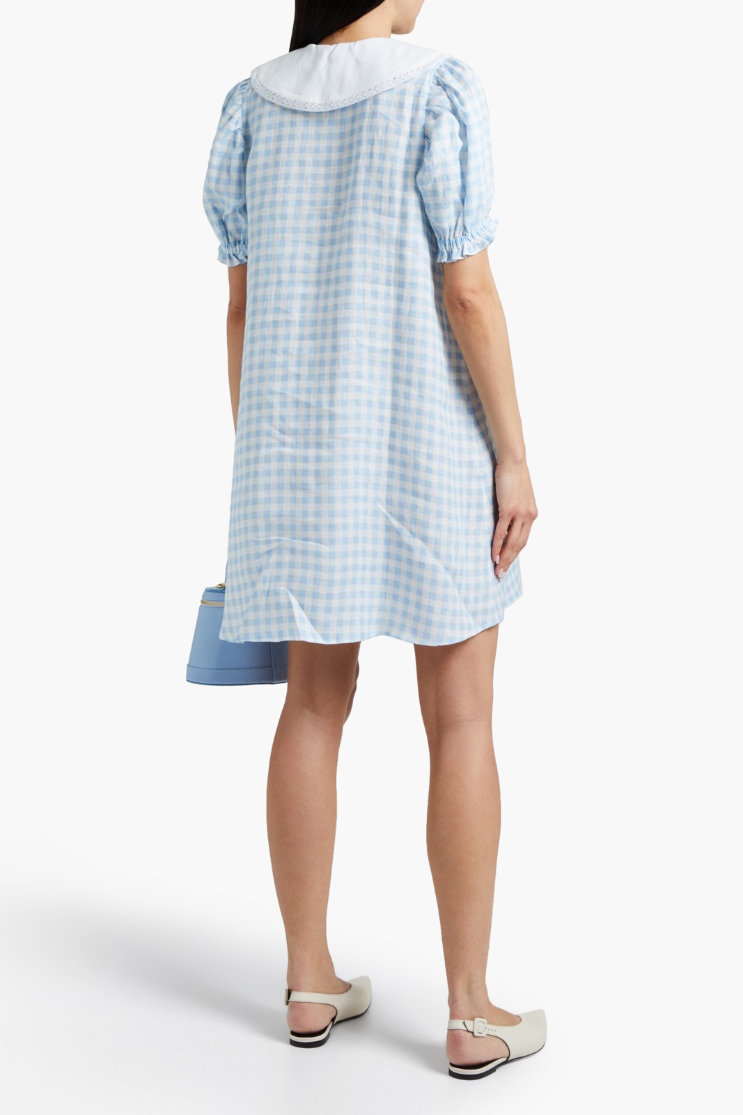 New Sleeper Blue Linen Dress with White Lace Collar Size S image 5