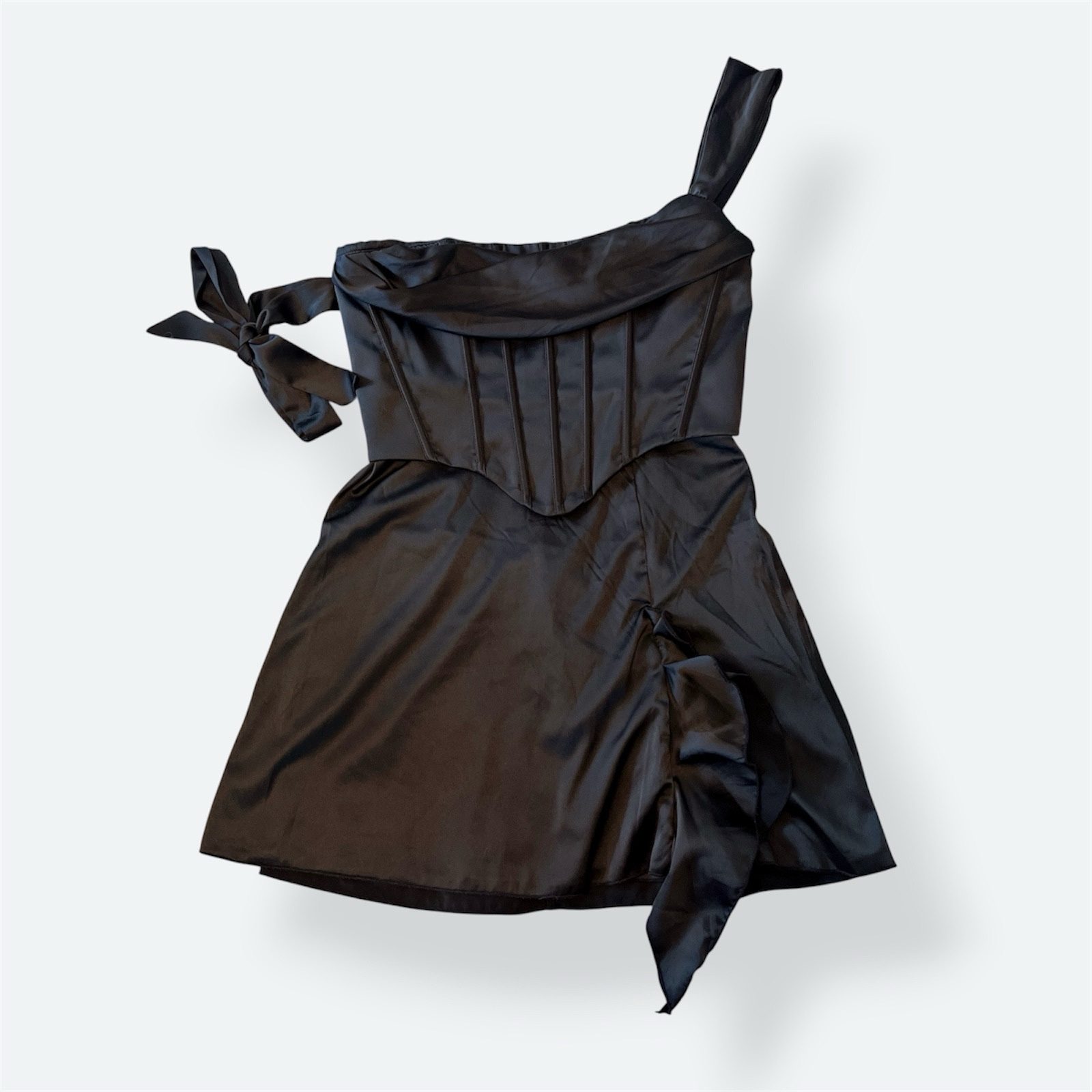 Oh Polly Lilou Corset Mini Dress UK 10 US 6 Black Satin Ruffle Cocktail image 6