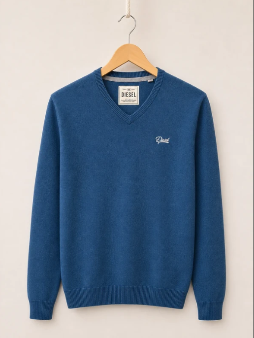 Diesel Men's Blue V-Neck Wool Sweater Large