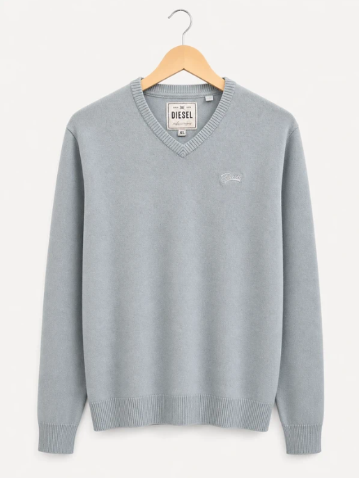 Diesel Men's Light Blue V-Neck Cotton Acrylic Nylon Jumper XL