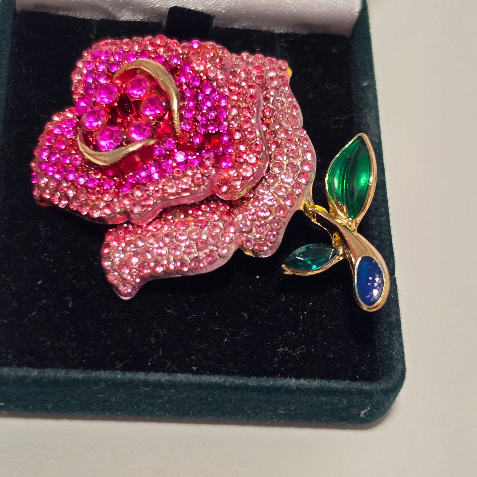 Pink & Green Crystal Rose Brooch .b8