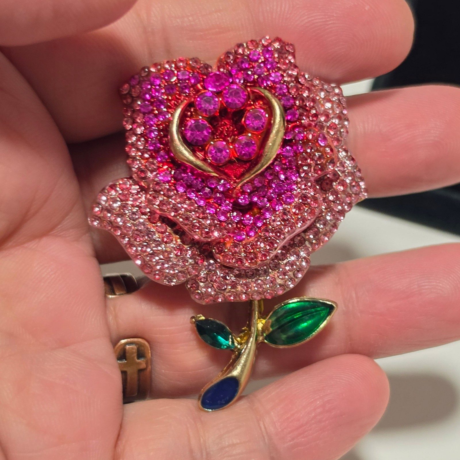 Pink & Green Crystal Rose Brooch .b8 image 5