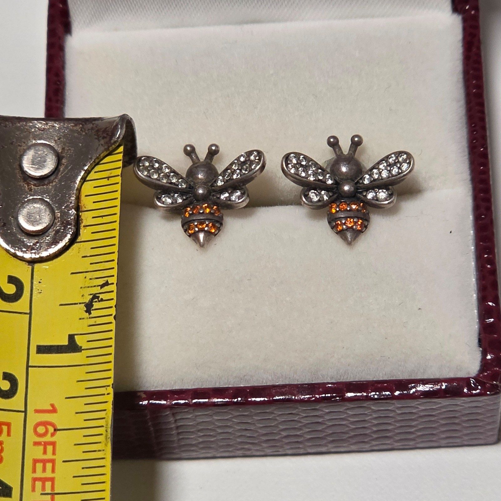 925 Sterling Silver Bee Stud Earrings with Clear & Orange Crystals.b7