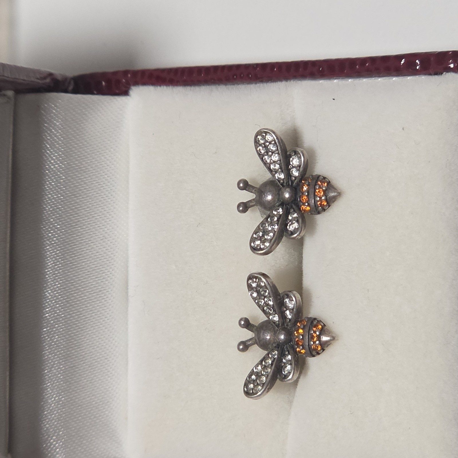 925 Sterling Silver Bee Stud Earrings with Clear & Orange Crystals.b7 image 2