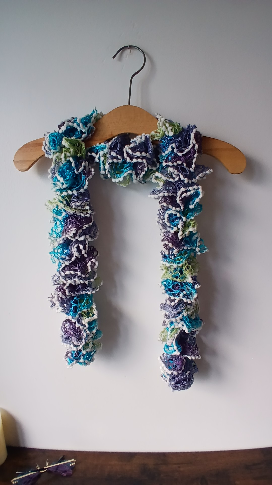 Handmade Blue Green Purple Crochet Ruffle Scarf One Size