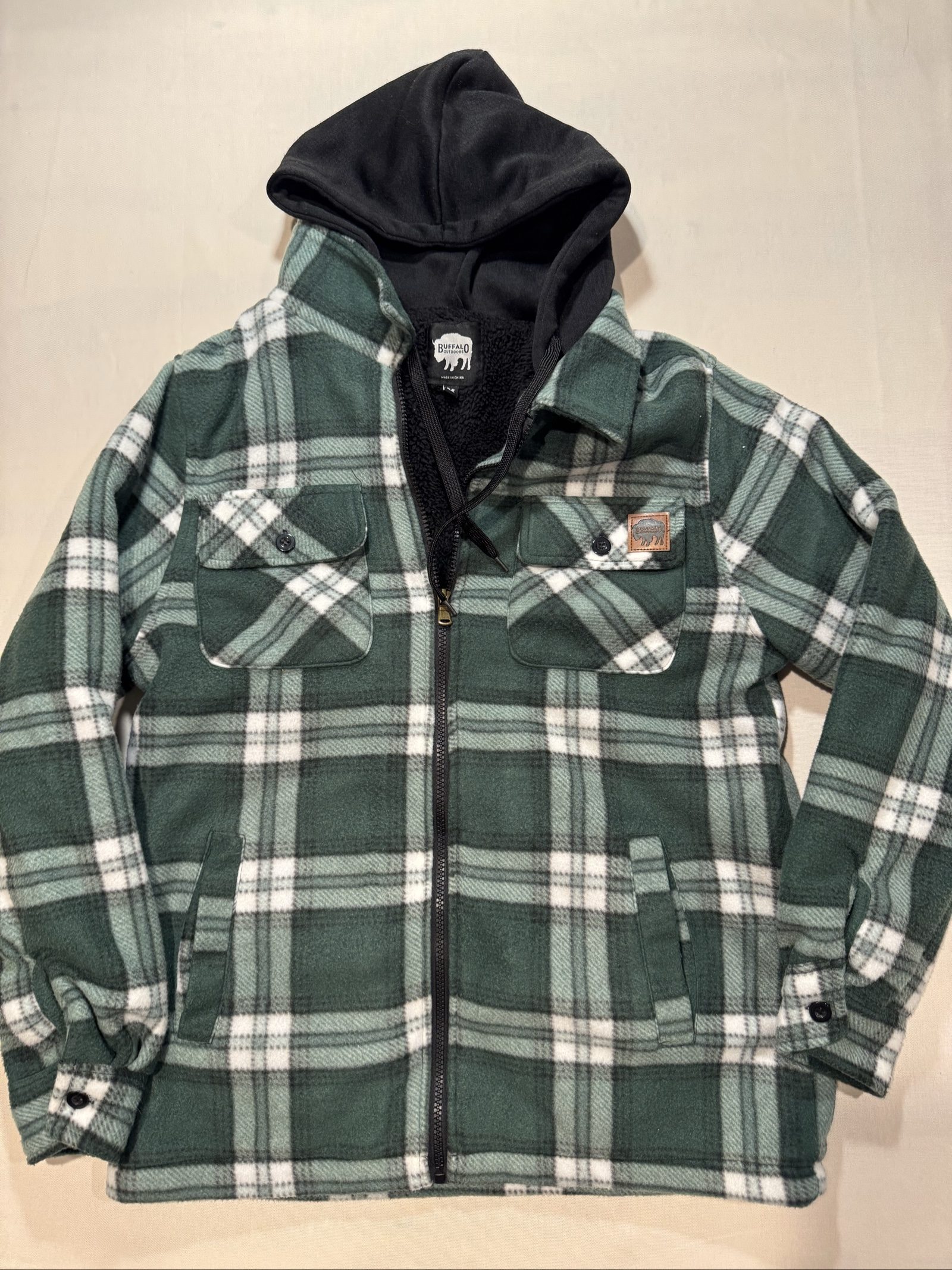 Men's Buffalo Outdoors Sherpa Lined Plaid Hooded Shirt Jacket – Green – Medium