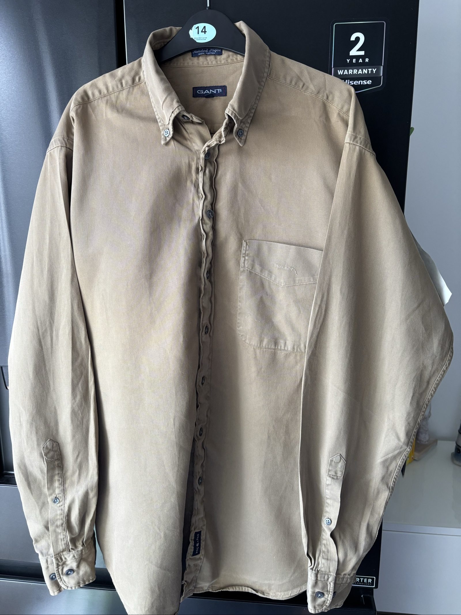 GANT Men Beige Cotton Button-Down Shirt Medium Chest Pocket