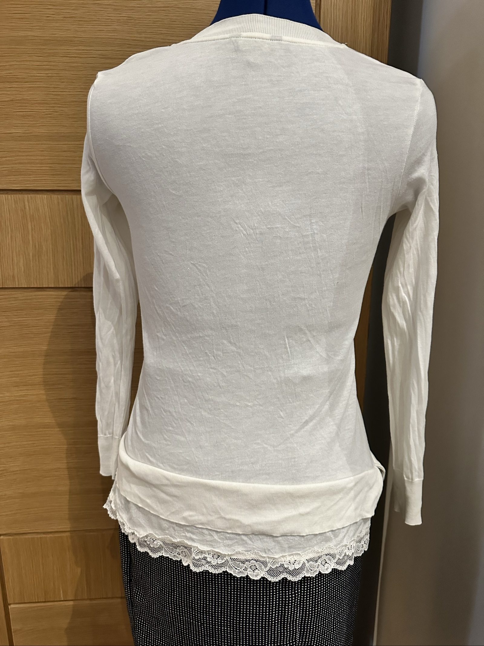 Massimo Dutti Ivory White V-Neck Lace Trim Women's Long Sleeve Top XSmall