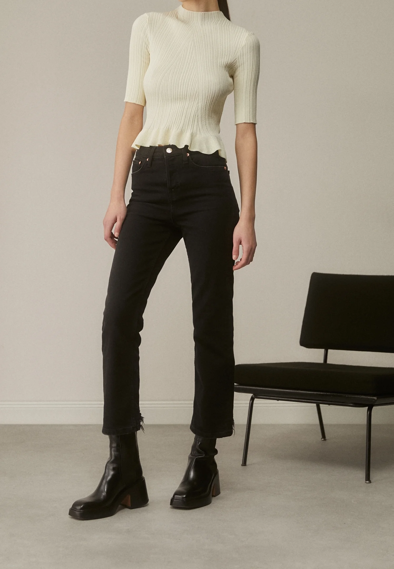 New Maje Cream Ribbed Peplum Knit Top Size M image 2