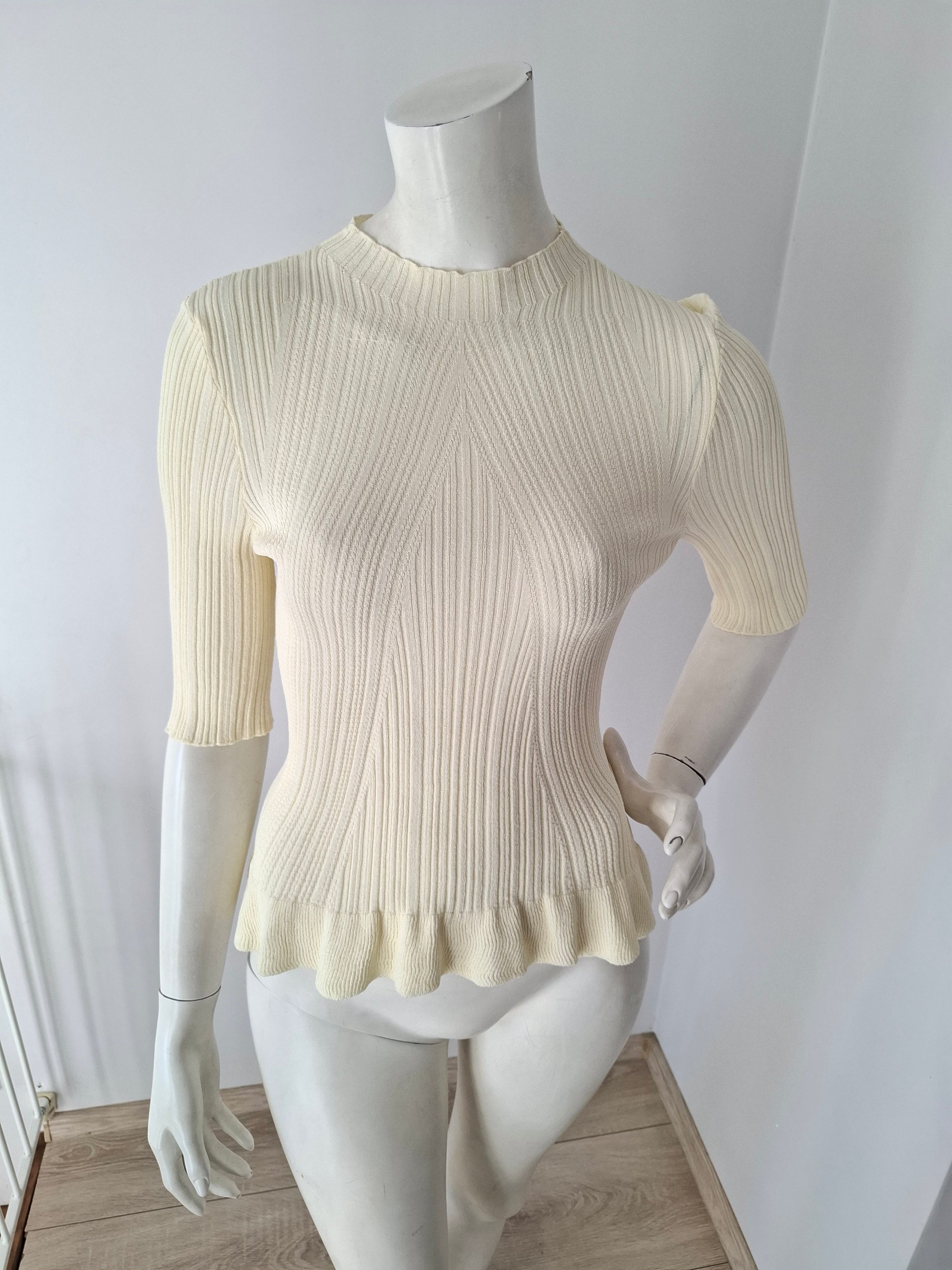 New Maje Cream Ribbed Peplum Knit Top Size M image 4