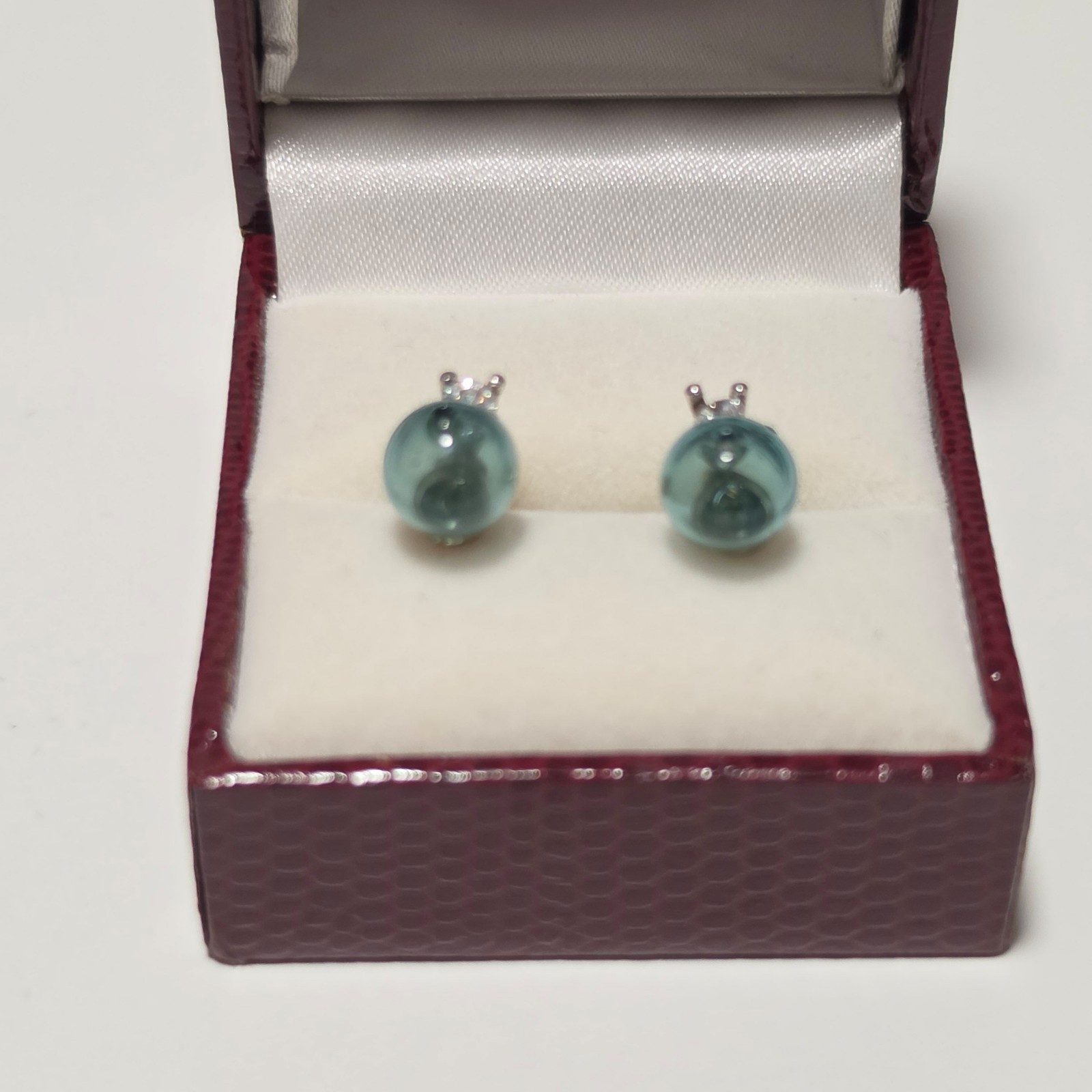 925 Blue Glass Sphere & Crystal Stud Earrings .b8 image 2