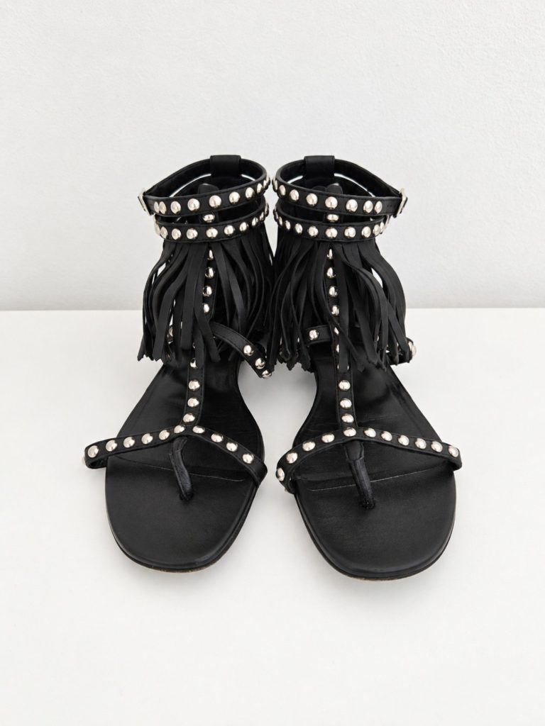 Saint Laurent Paris Womens Black Studded Fringe Gladiator Sandals 38.5
