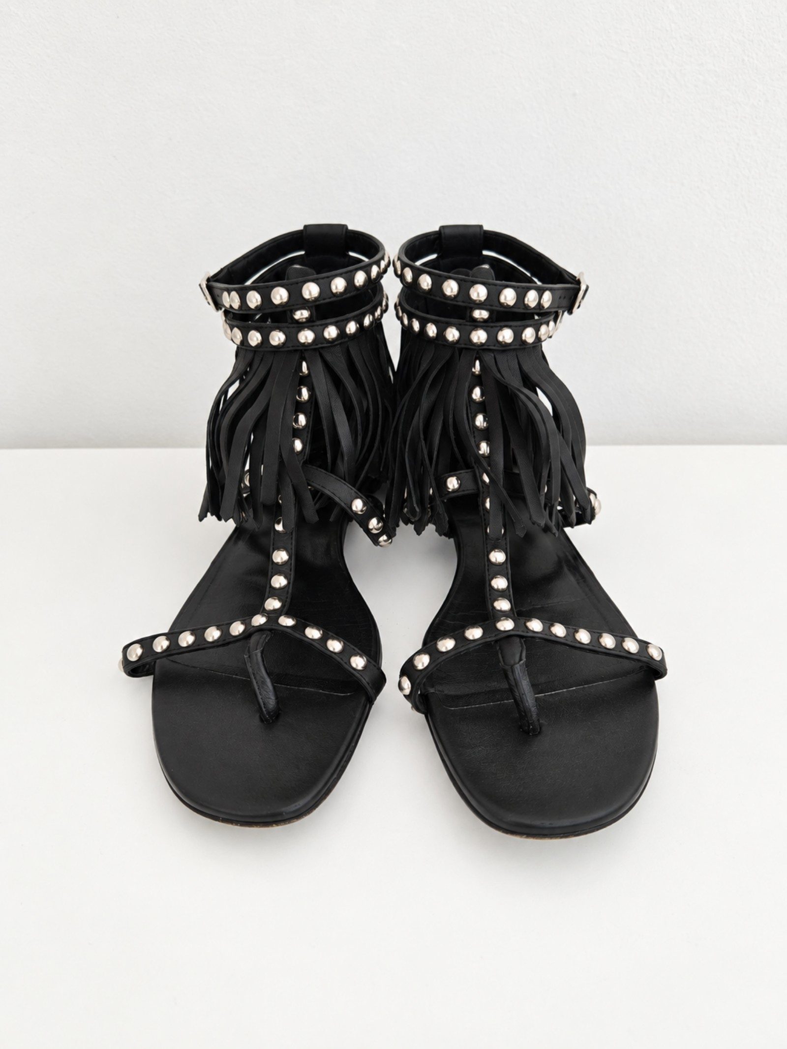 Saint Laurent Paris Womens Black Studded Fringe Gladiator Sandals 38.5