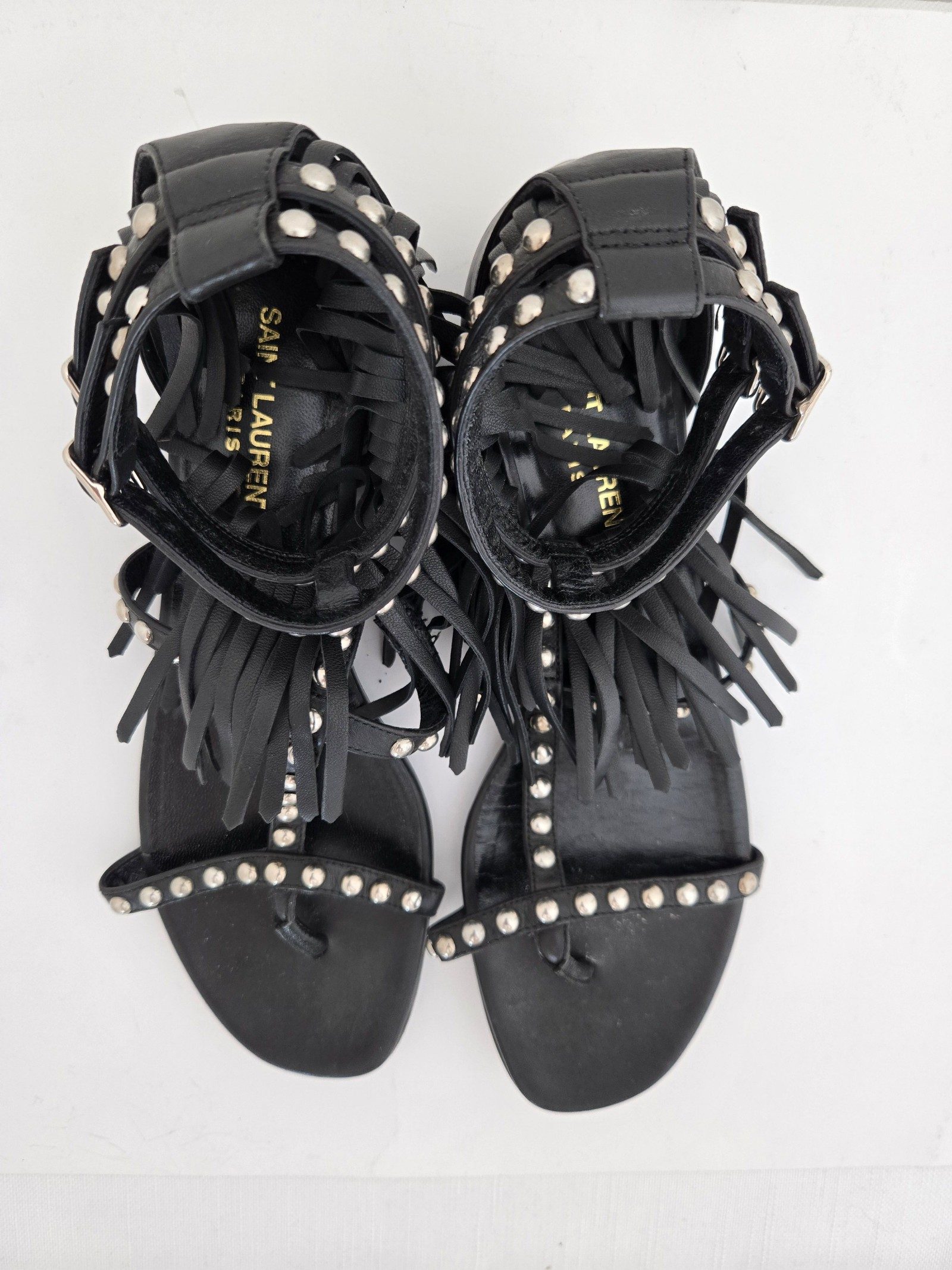 Saint Laurent Paris Womens Black Studded Fringe Gladiator Sandals 38.5 image 2