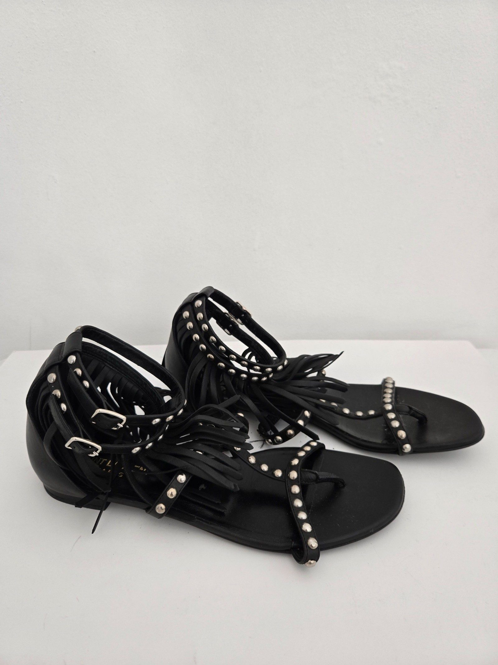 Saint Laurent Paris Womens Black Studded Fringe Gladiator Sandals 38.5 image 5