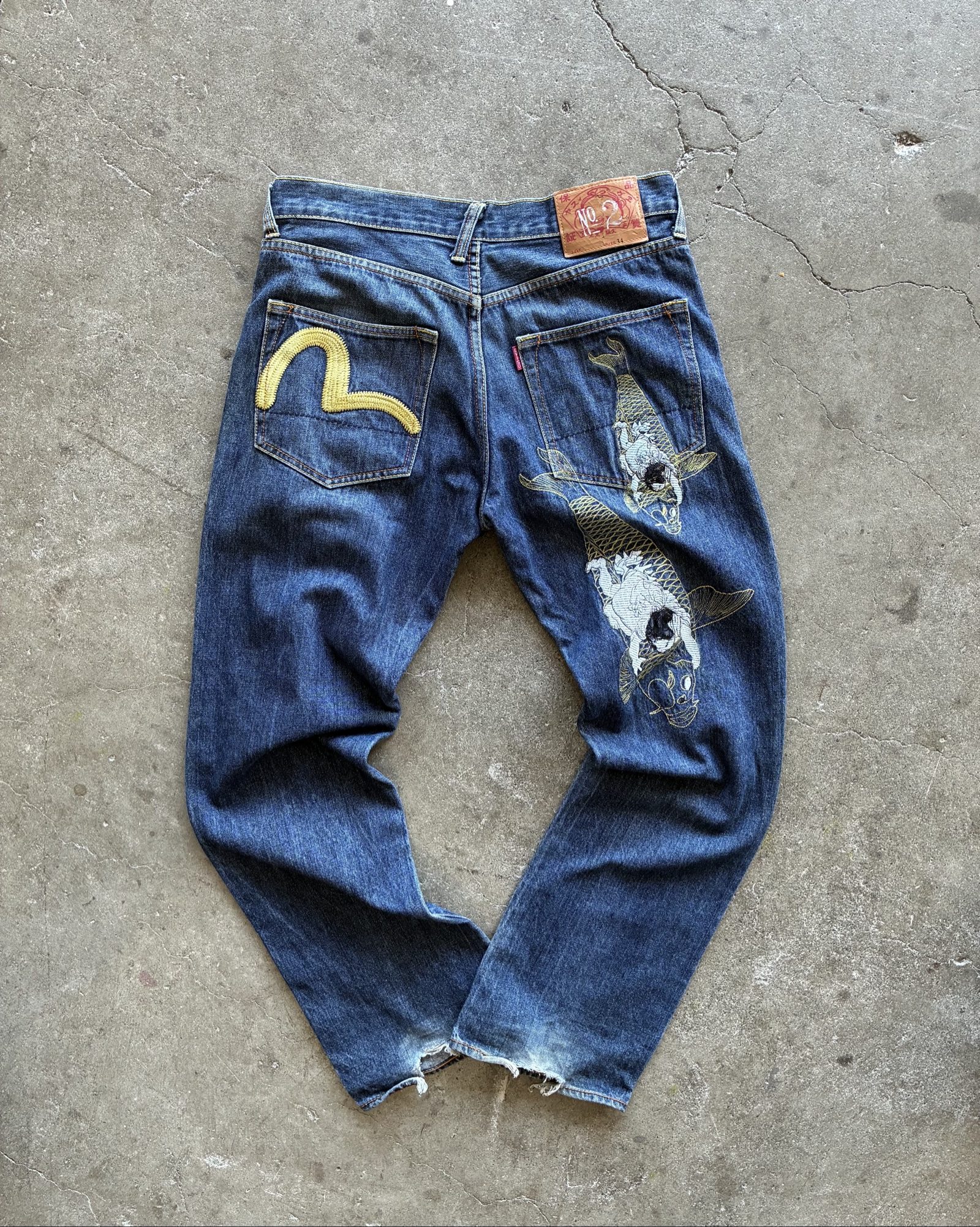 Y2K Evisu Blue Denim Jeans 34 with Koi Fish Embroidery vintage Japanese