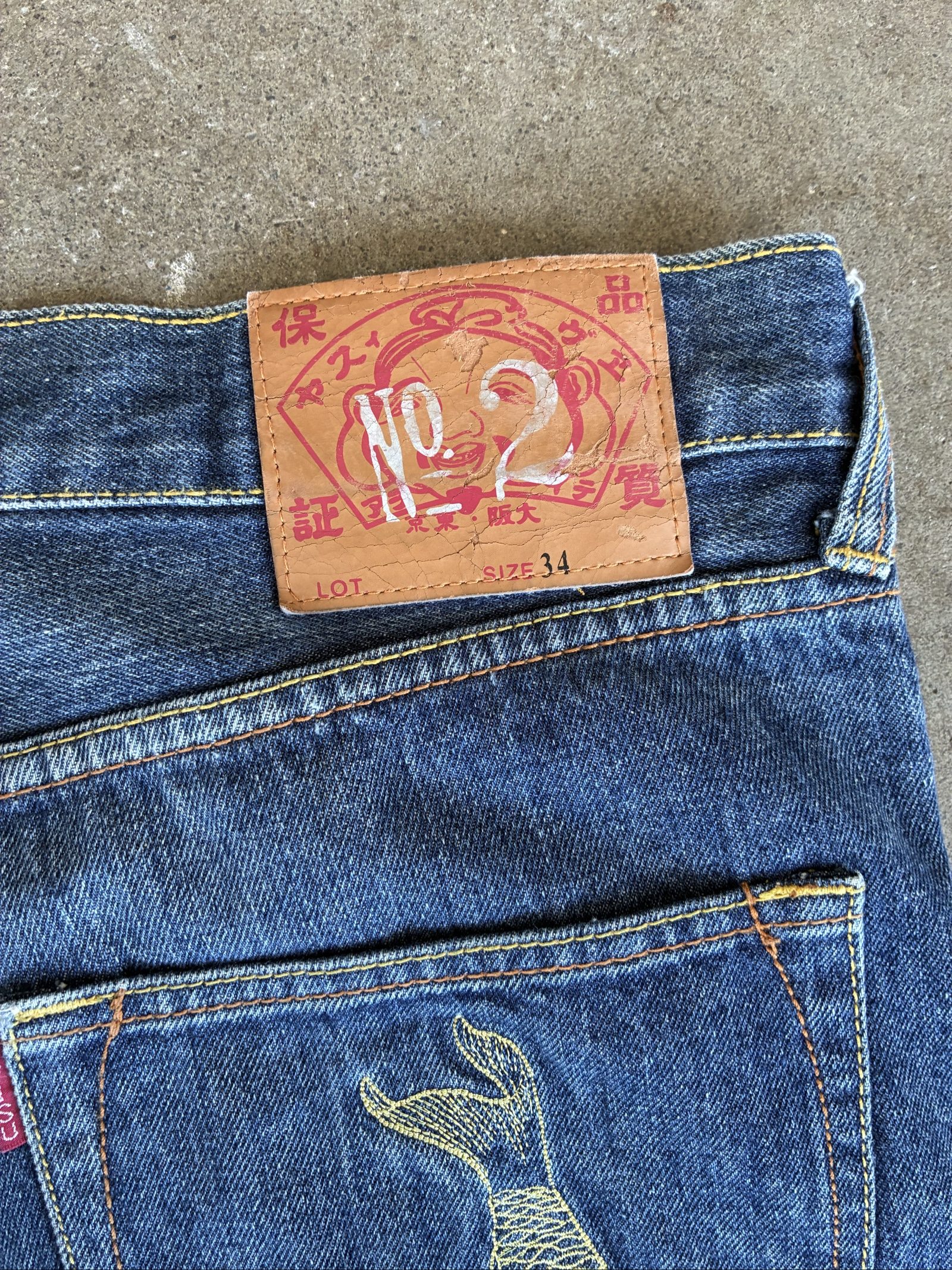 Y2K Evisu Blue Denim Jeans 34 with Koi Fish Embroidery vintage Japanese image 4