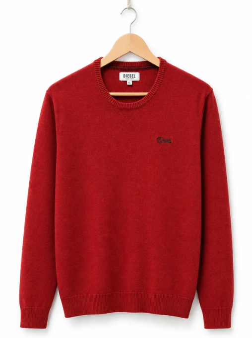 Diesel Men's Red Cotton Blend Crew Neck Sweater Embroidered Logo XL