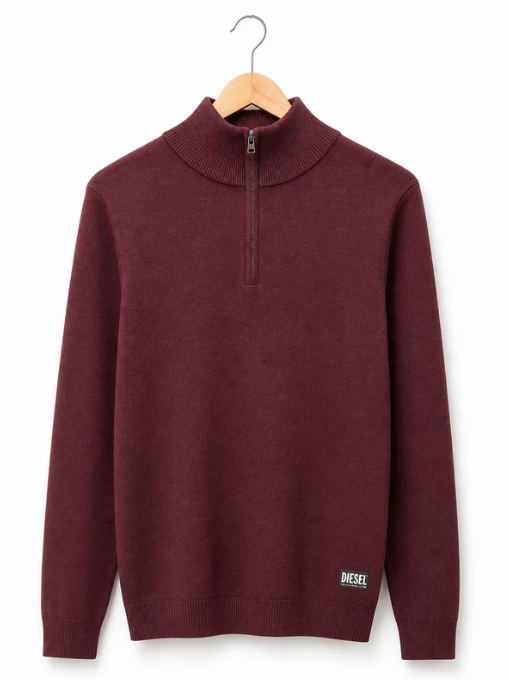 Diesel Men's Burgundy Zip Neck Sweater Medium