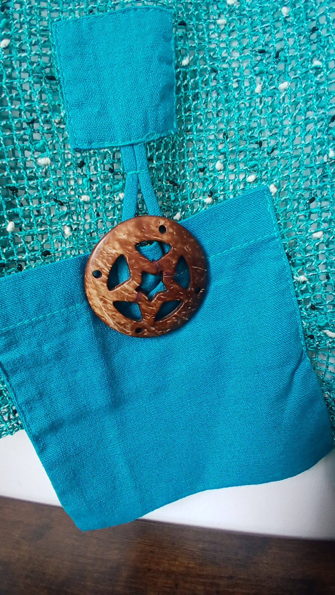 New Florence Unique Teal Woven Knit Top Pocket Wooden Star One Size Unique Button Detail image 2